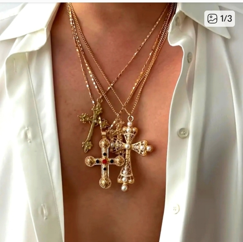 Gold Cross Long Pendant . Vintage With Jewel Stones In Center. See Pic#2